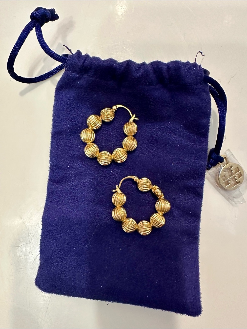 Tory Burch Ribbed Gold-Tone Bead Hoop Earrings